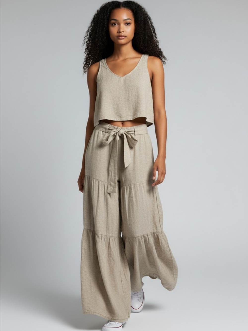 Kaktus Neutral Beige Smocked Top & Tie Waist Pants Set